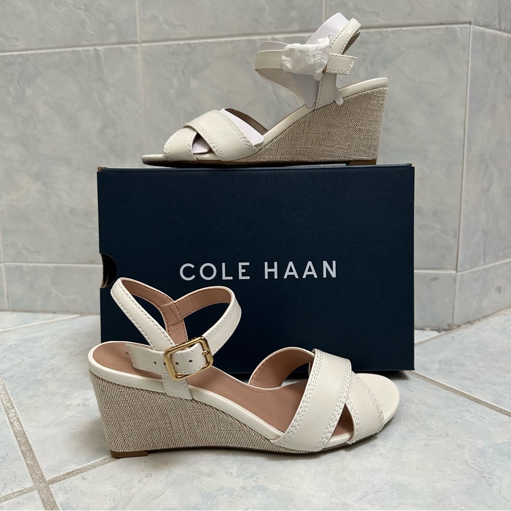 NWT Cole Haan Renata Women's Criss Cross Ivory Leather Wedge Sandals Size 6
